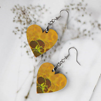 Wooden Heart Earrings Golden Sunflowers