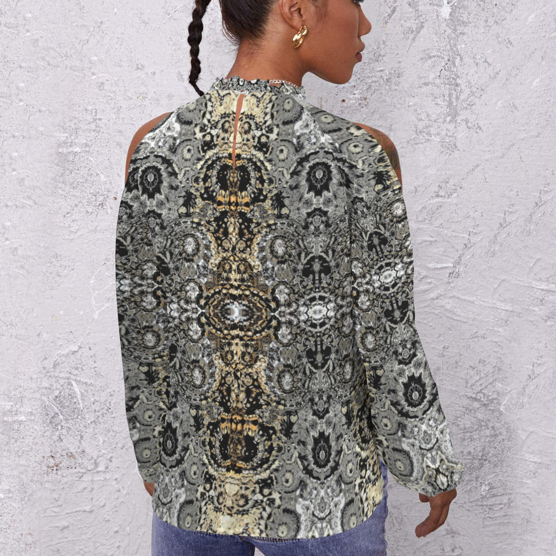 Long Slit Sleeve Blouse Shimmering Feathers