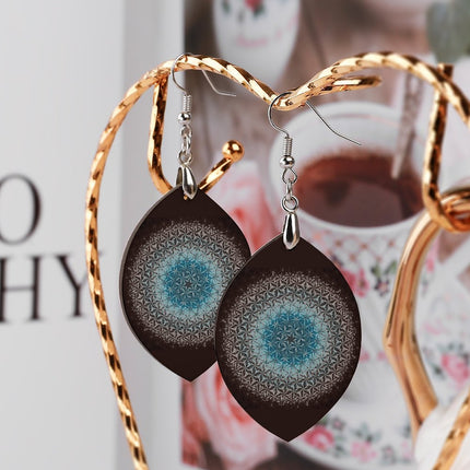 Wooden Oval Earrings Blue Mandela on Black