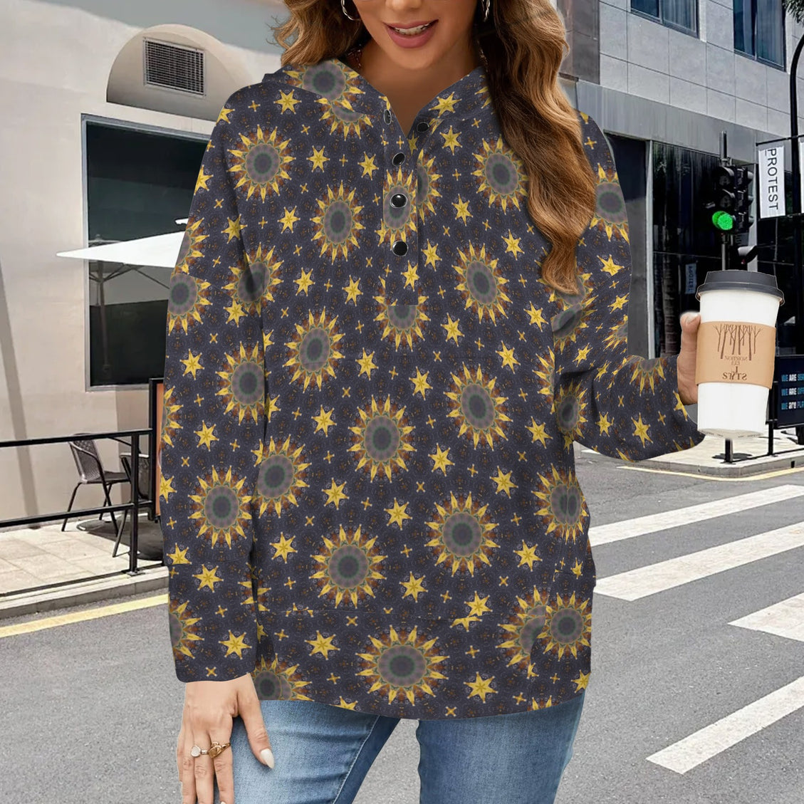 Hooded Pullover Sunflowers Purple Sunset