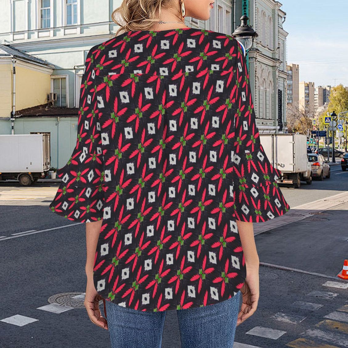 Flare Sleeve Blouse Butterfly Red and Black