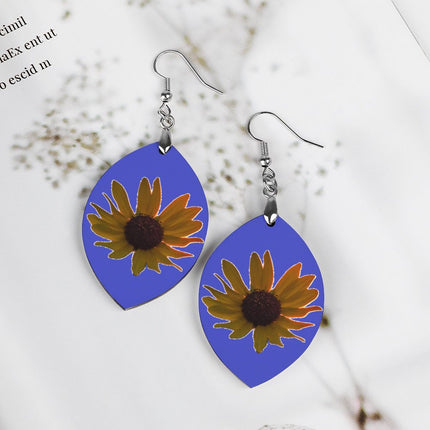 Wooden Oval Earrings Wild Sunflower Blue