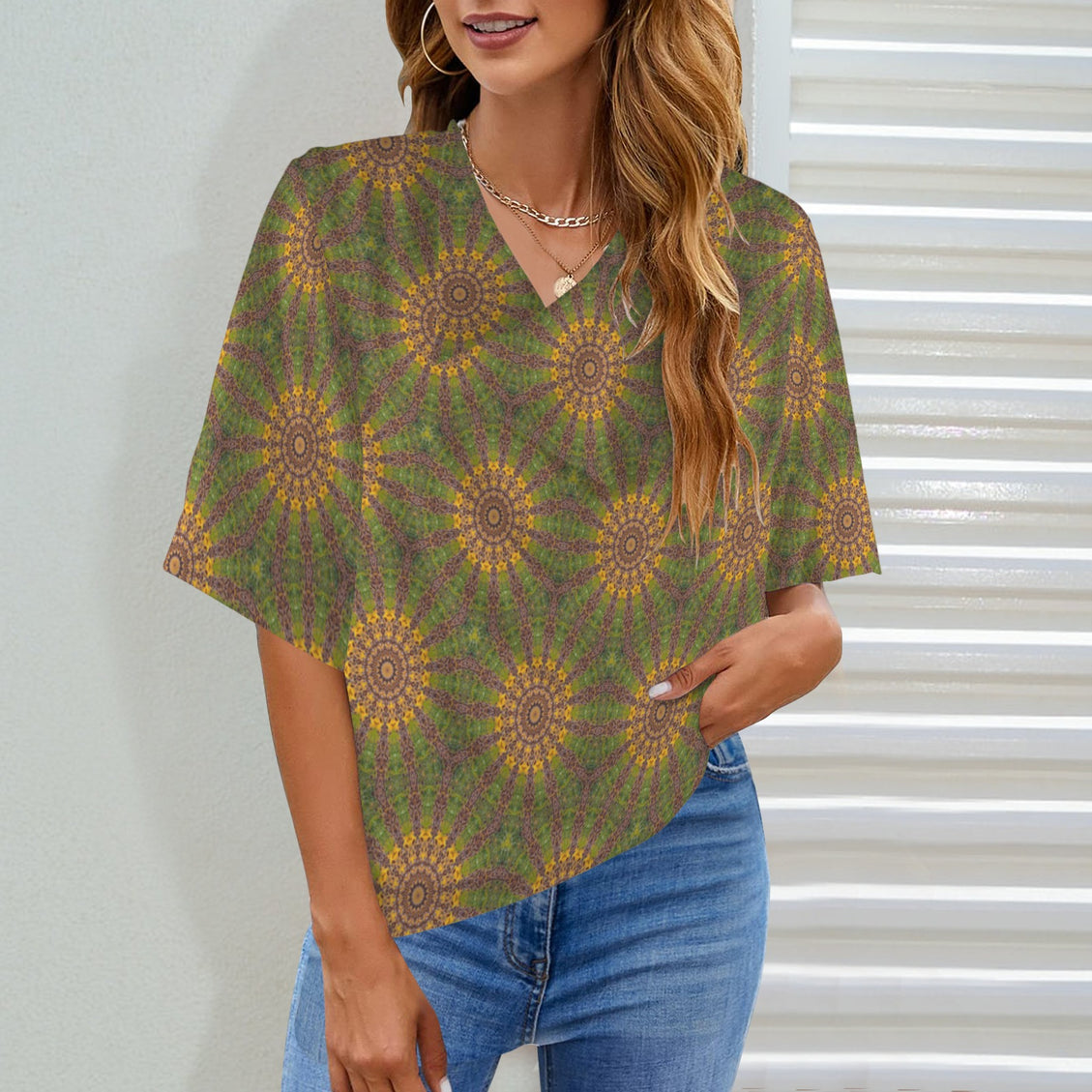 Draped Neck Blouse Gold Green Sunflower Geometric
