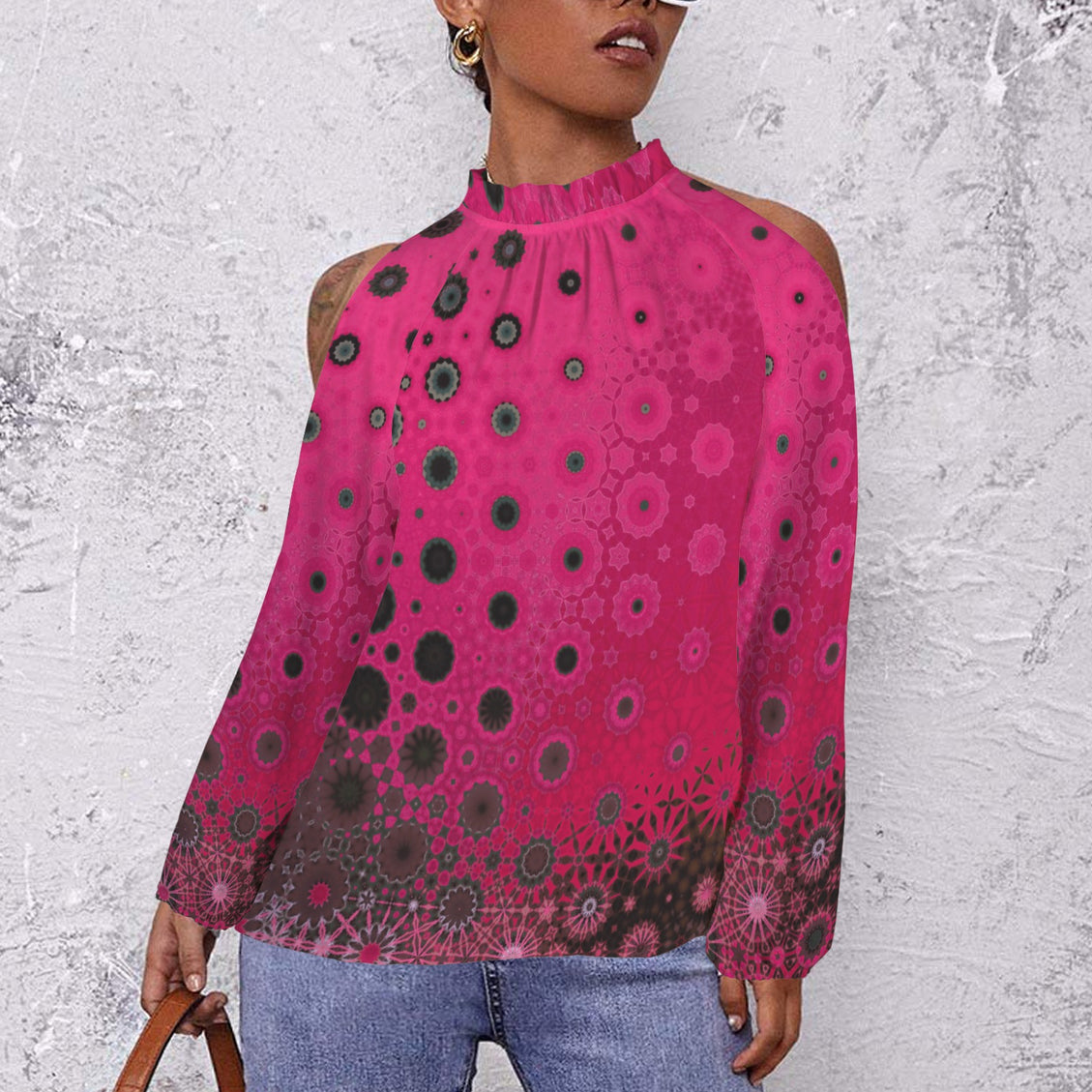 Long Slit Sleeve Blouse Red Leaves Geometric