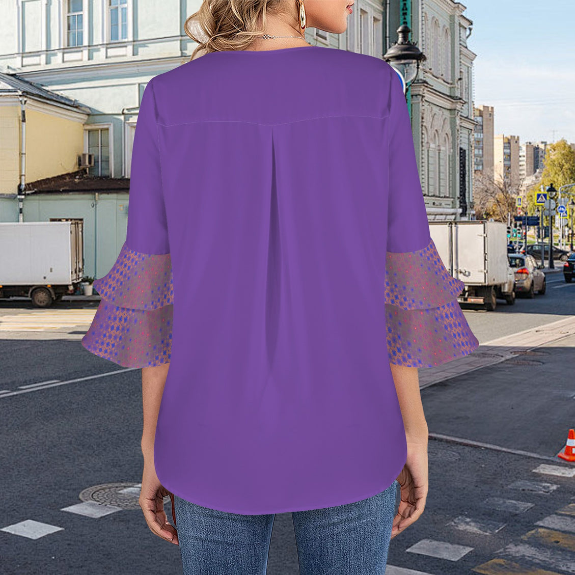 Layered Flare Sleeve Blouse Purple Festive