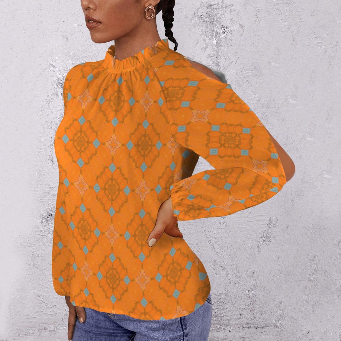 Long Slit Sleeve Blouse Orange and Blue Butterfly