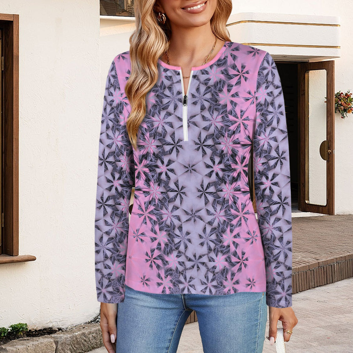 Long Sleeve Zip Front T-Shirt Summerville Sunset Pink Lavendar