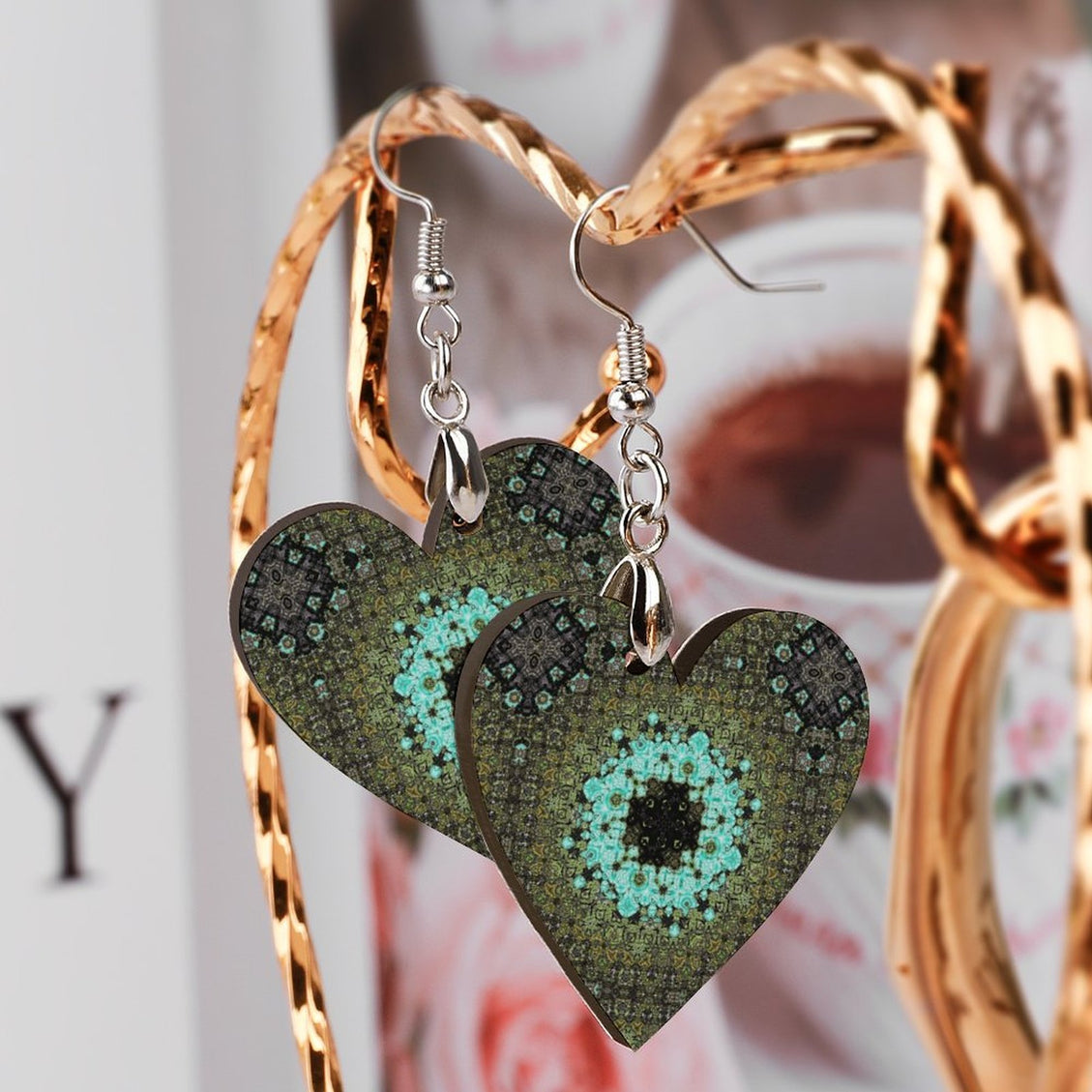Wooden Heart Earrings Blue Moss Mandela