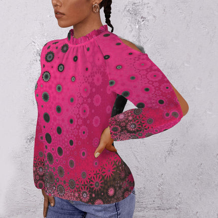 Long Slit Sleeve Blouse Red Leaves Geometric