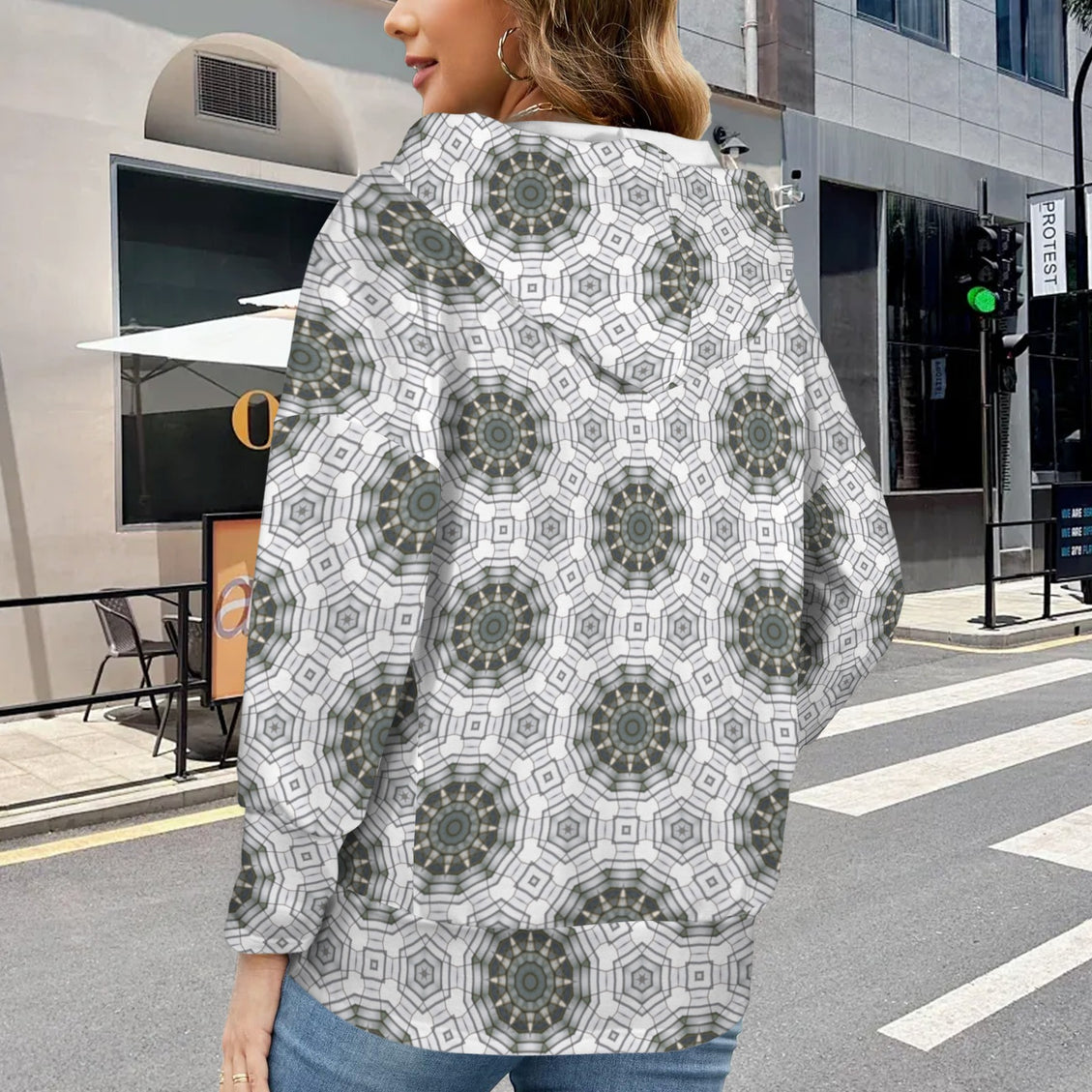 Hooded Pullover Carnival Tile White Gray Geometric