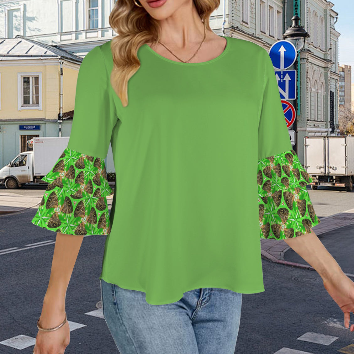 Flare Sleeve Blouse Butterfly with Green