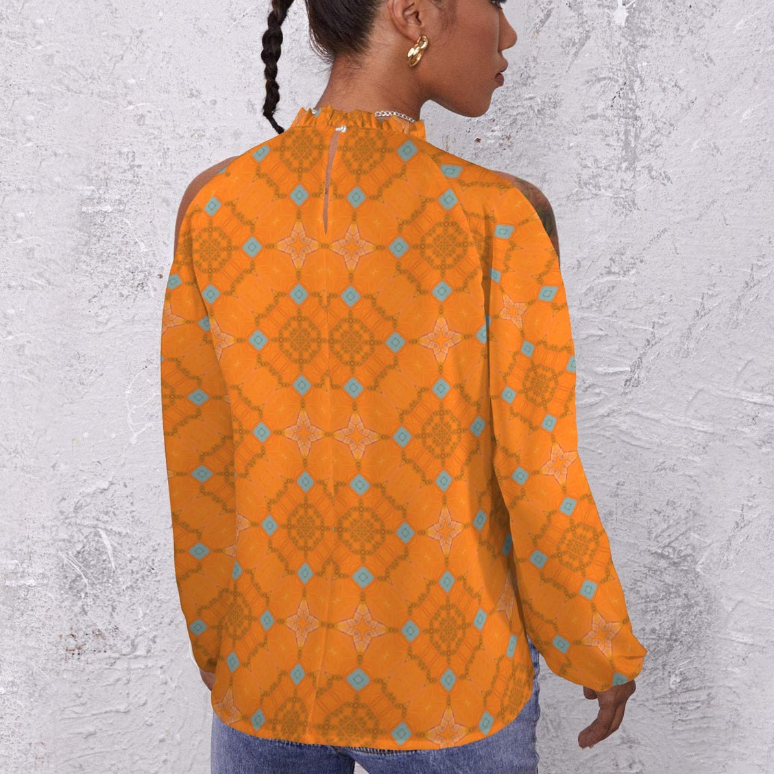 Long Slit Sleeve Blouse Orange and Blue Butterfly