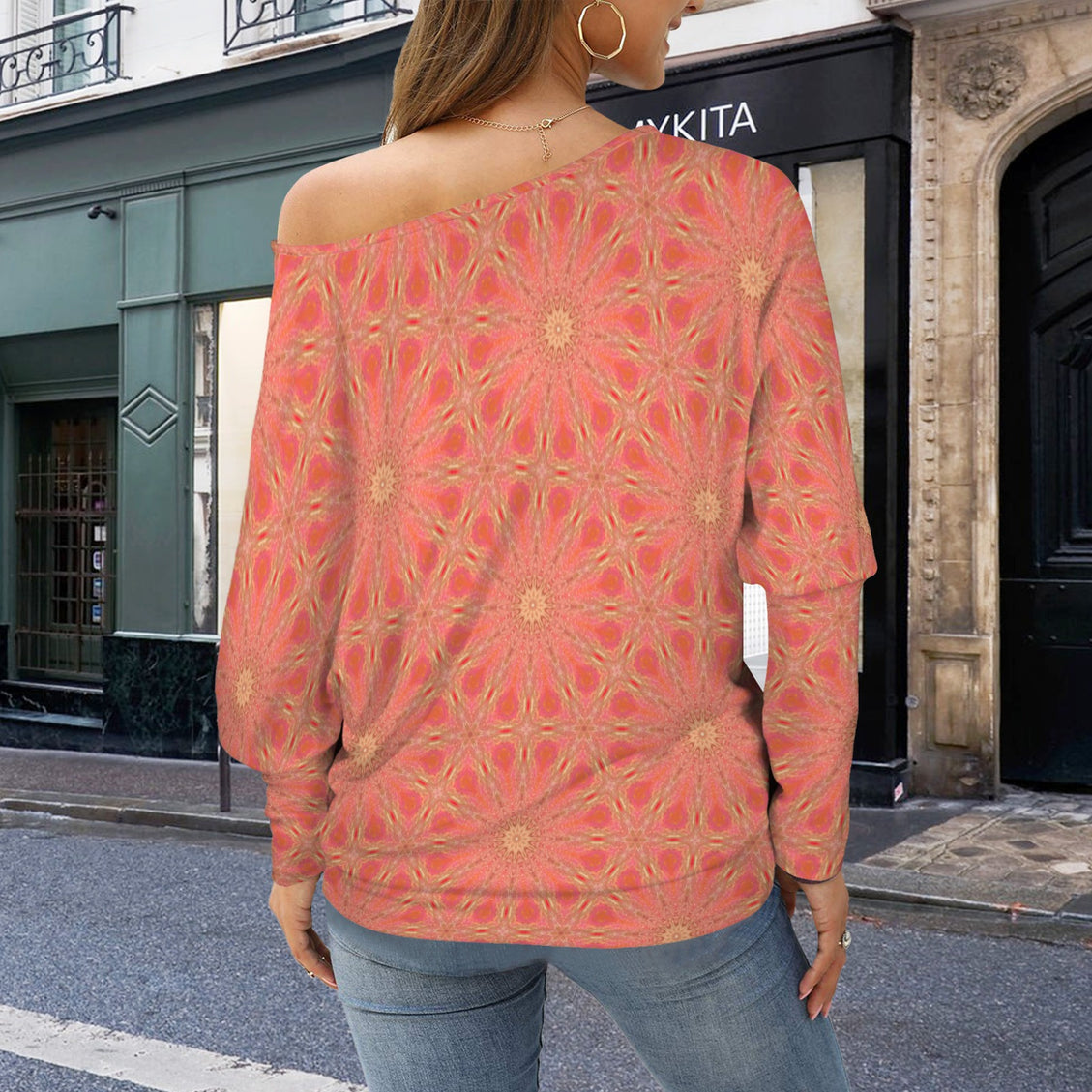 Batwing Long Sleeve Sweater Orange Flowers
