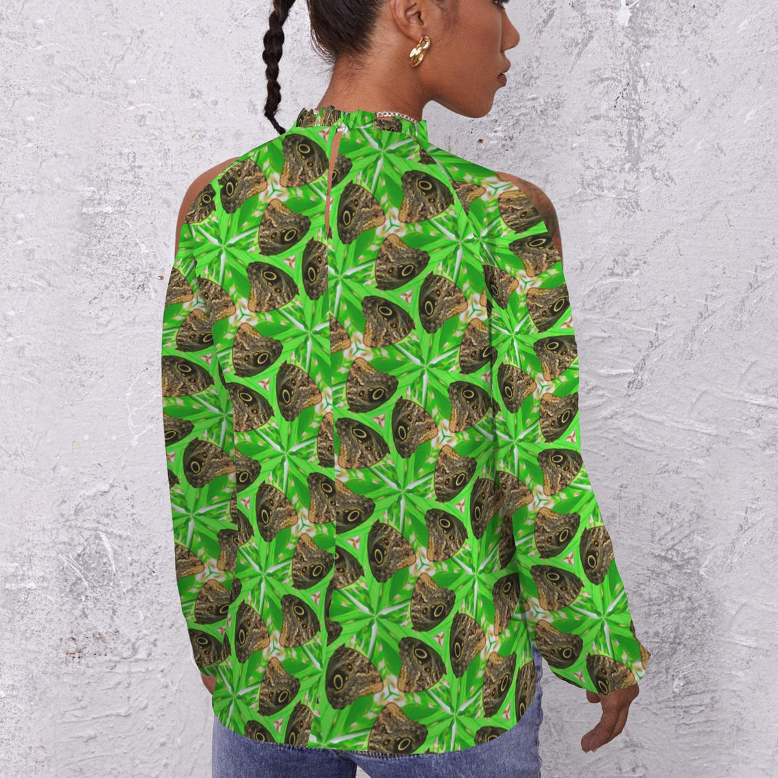 Long Slit Sleeve Blouse Brown Butterfly on Green