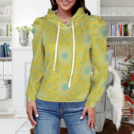 Puff Sleeve Hoodie Chartreuse and Blue Geometric