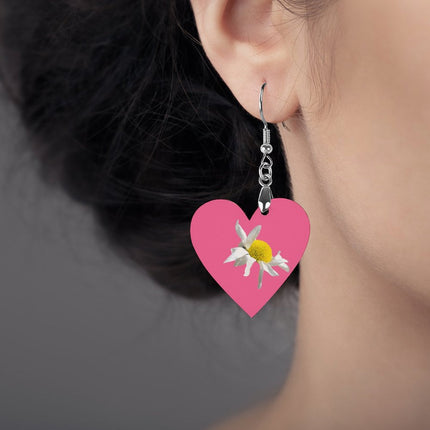 Wooden Heart Earrings Daisy Pink