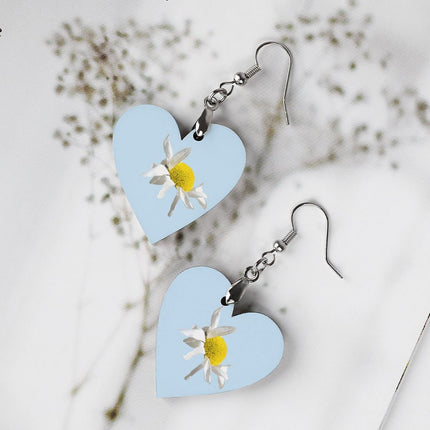 Wooden Heart Earrings Daisy Periwinkle