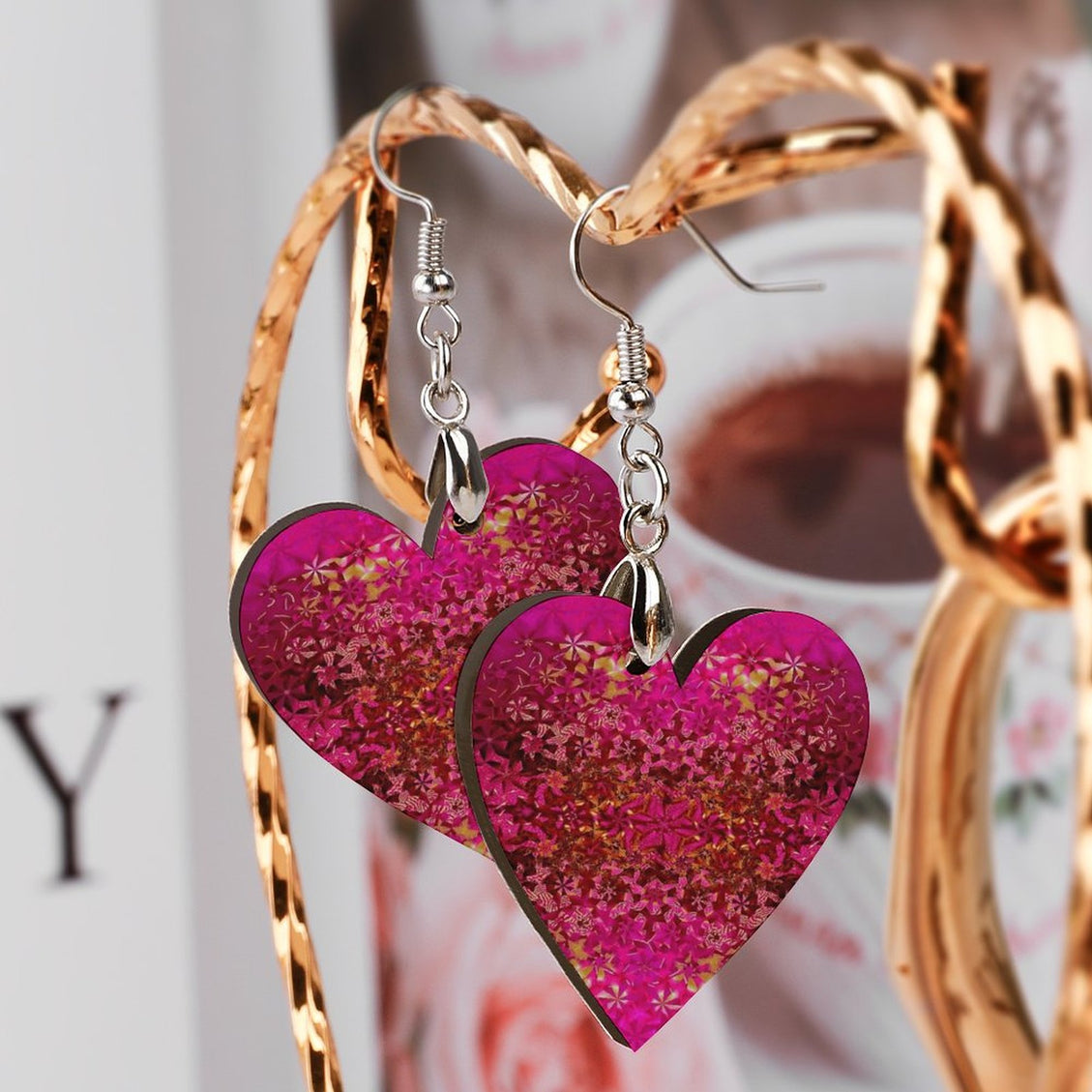 Wooden Heart Earrings Orchids