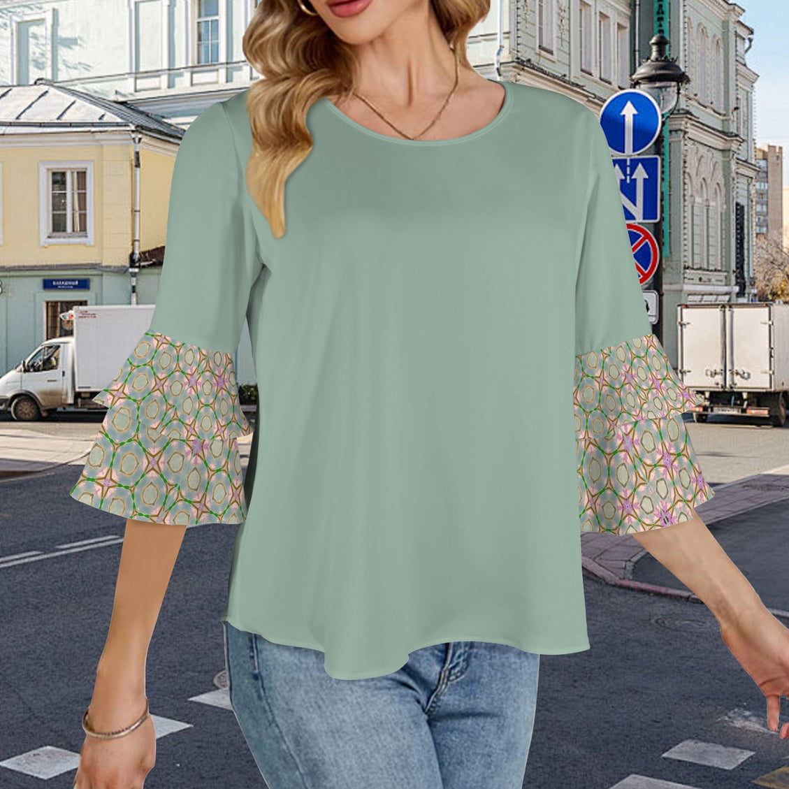 Layered Flare Sleeve Blouse Purple Coneflowers Sage Green