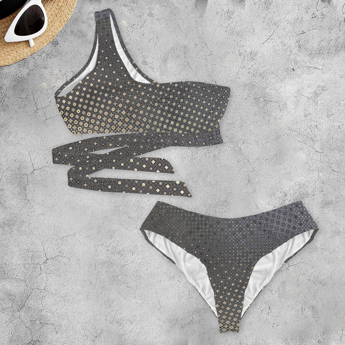 One Shoulder Asymmetrical Bikini Shattered Windshield Gray Gold Ombre