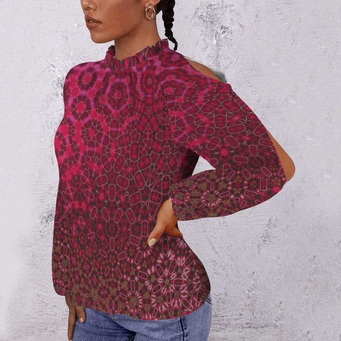 Long Slit Sleeve Blouse Red Leaves