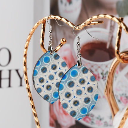 Wooden Oval Earrings Blue and White Swirl