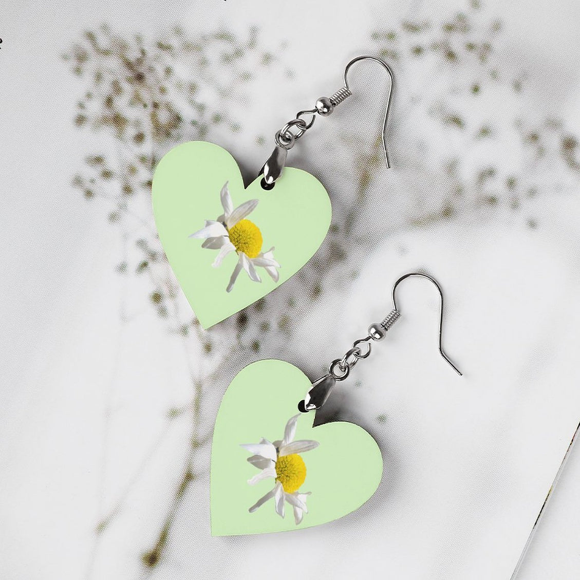 Wooden Heart Earrings Daisy Soft Green