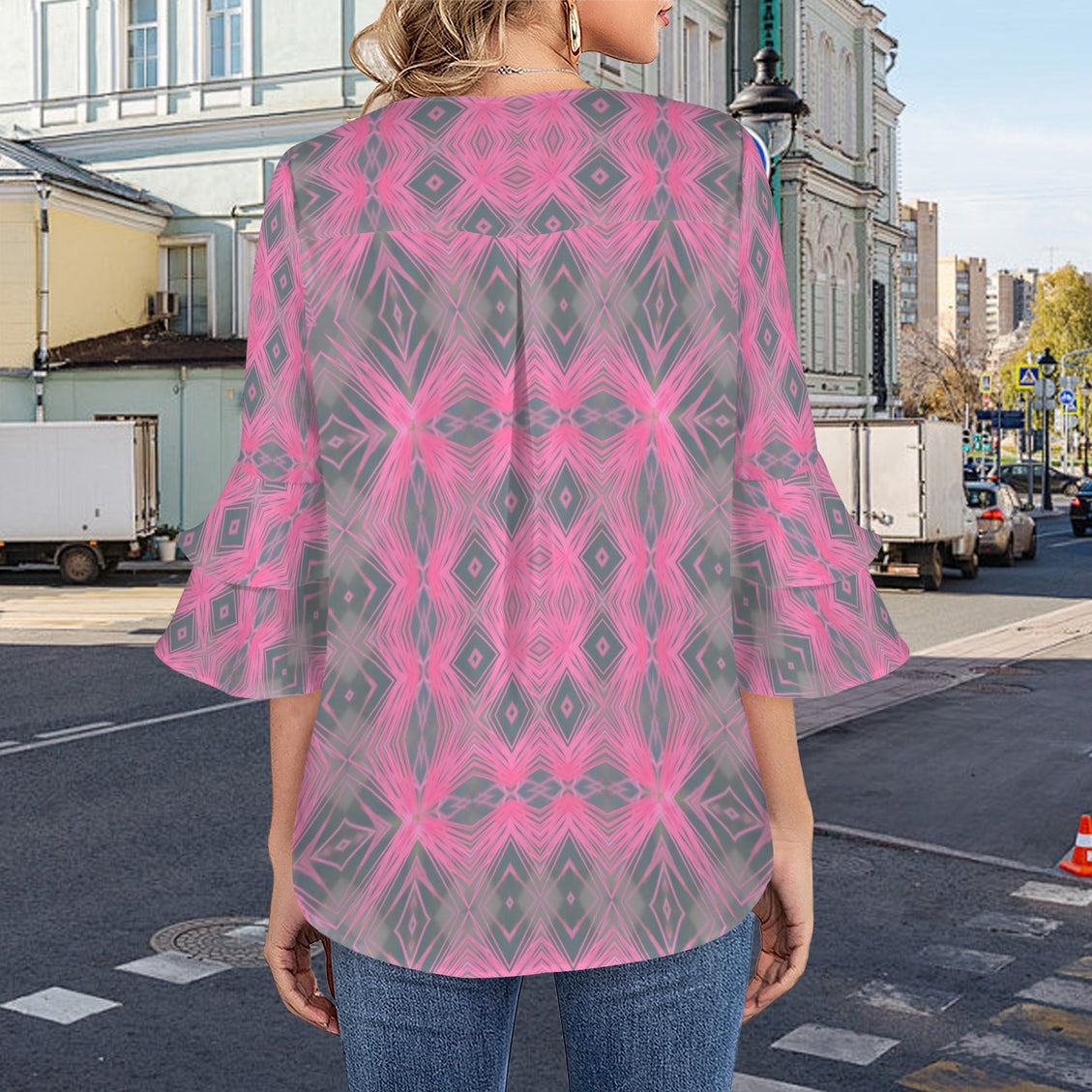Flare Sleeve Blouse Butterfly Balm Pink