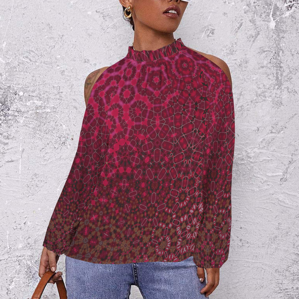Long Slit Sleeve Blouse Red Leaves