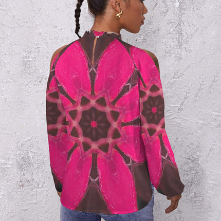 Long Slit Sleeve Blouse Red Leaves Fuchsia Black