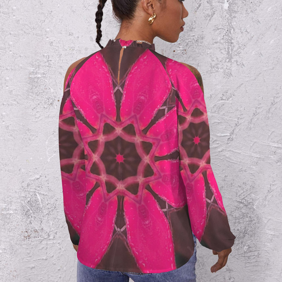 Long Slit Sleeve Blouse Red Leaves Fuchsia Black