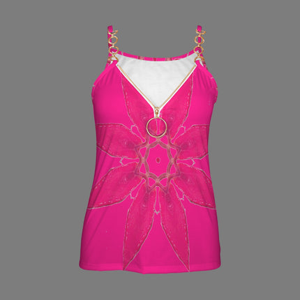 V Neck Chain Cami Leaf Hot Pink