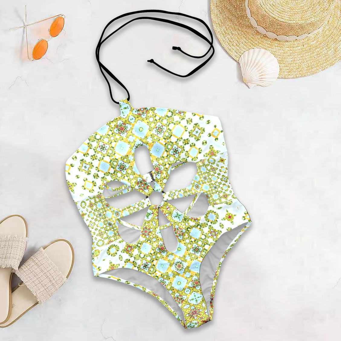 Flower Cut Out One Piece Swimsuit Buffalo Berries Red Green Yellow Blue
