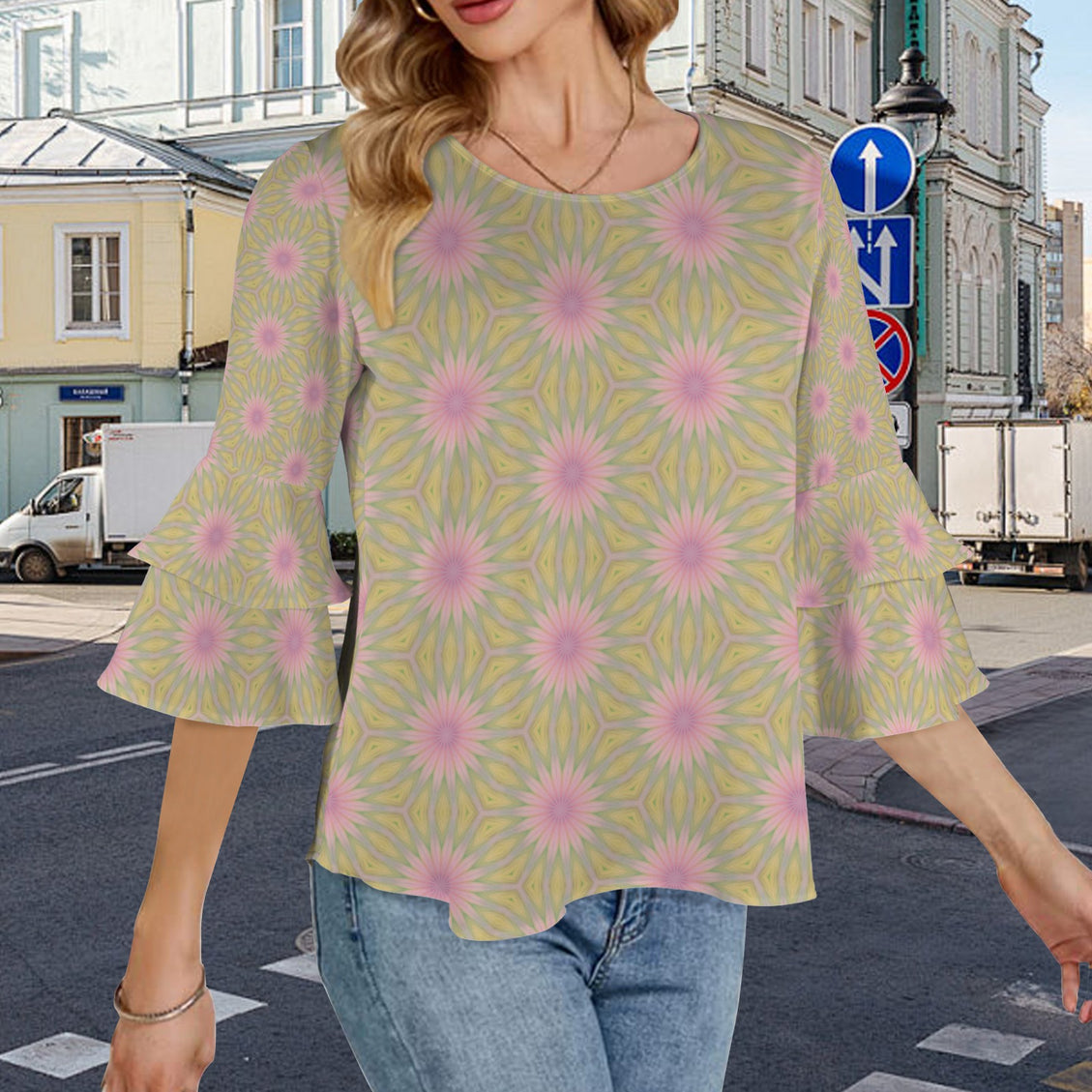 Layered Flare Sleeve Blouse Pink Coneflowers Abstract