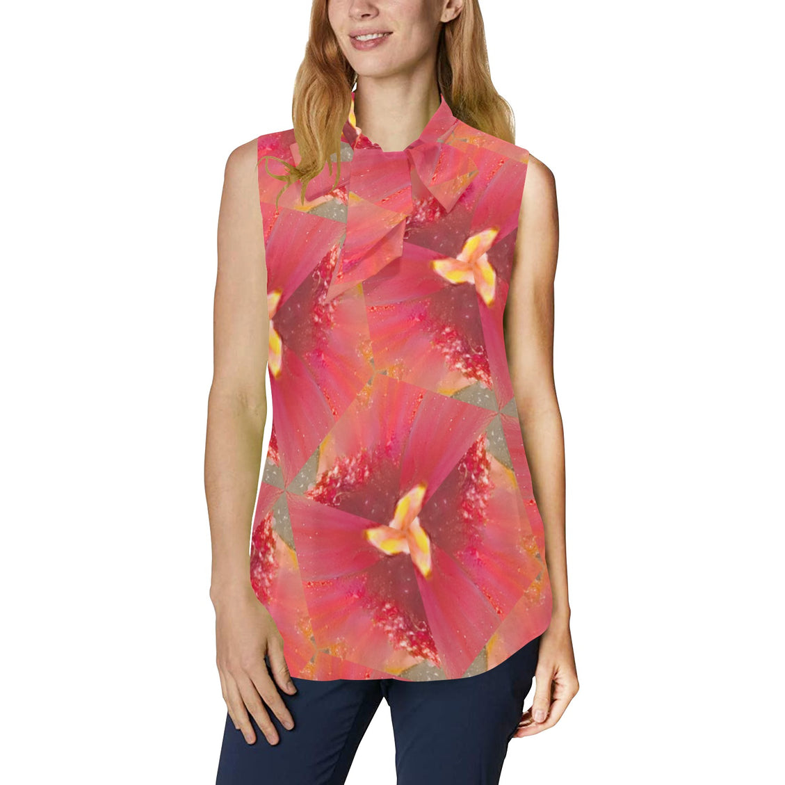 Bow Tie V Neck Sleeveless Blouse Indian Blanket Flower
