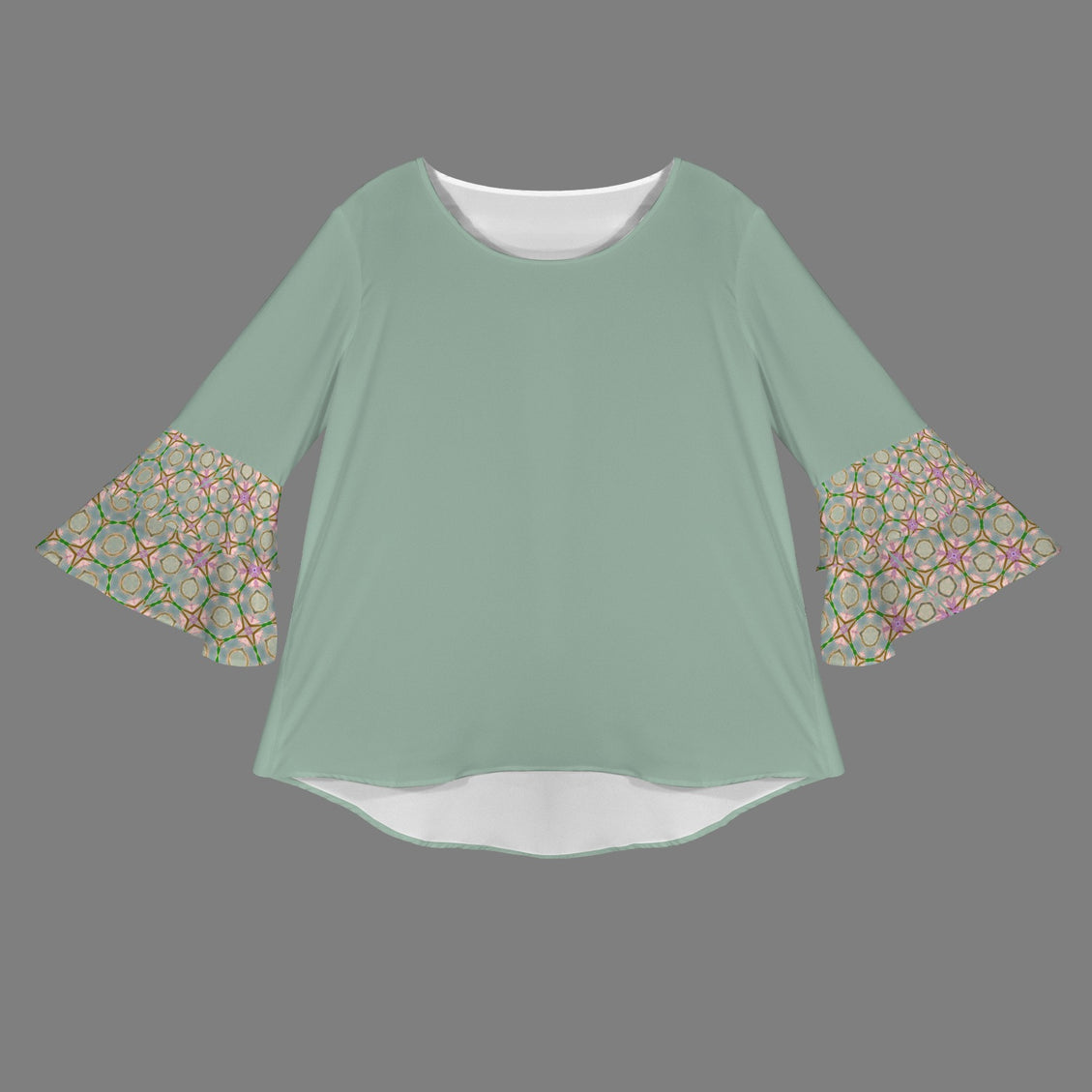 Layered Flare Sleeve Blouse Purple Coneflowers Sage Green