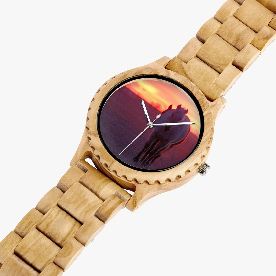Wooden Watch Italian Olive Horses Sunrise 9 Mile Road Single File