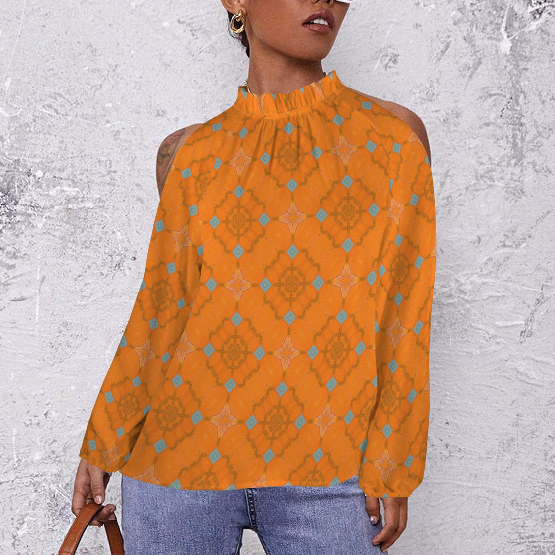 Long Slit Sleeve Blouse Orange and Blue Butterfly