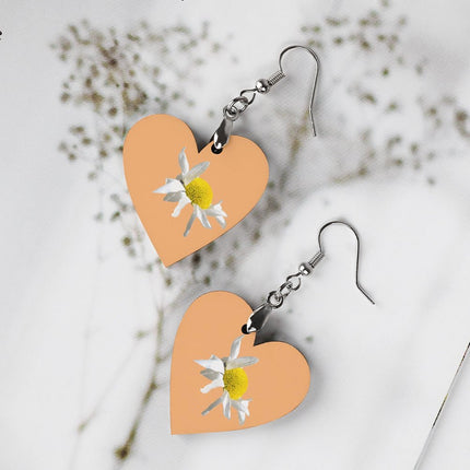 Wooden Heart Earrings Daisy Tangerine