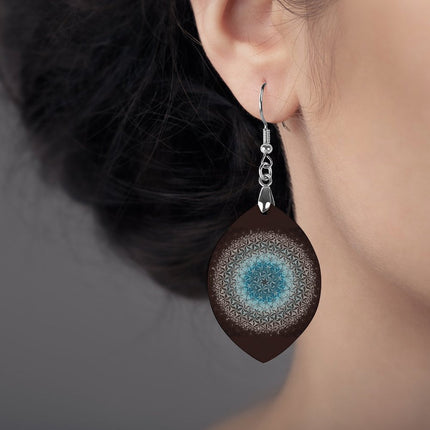 Wooden Oval Earrings Blue Mandela on Black