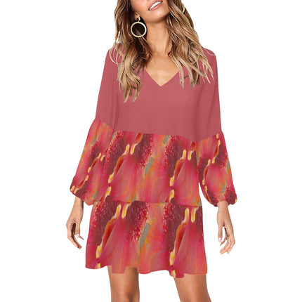 V Neck Flowy Dress Indian Blanket Flower Coral Pink