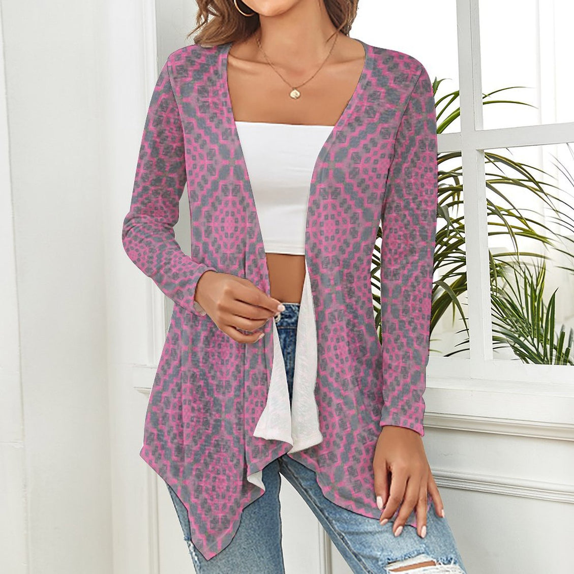 Knitted Cardigan Pink Butterfly Balm Plaid