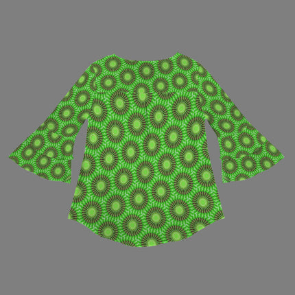 Flare Sleeve Blouse Butterfly on Green Leaves