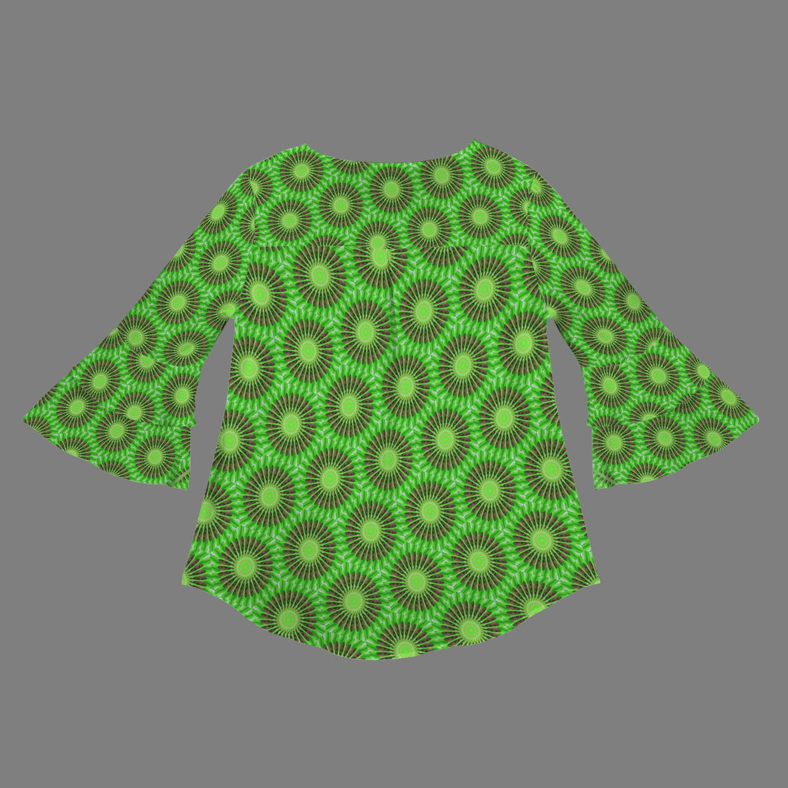 Flare Sleeve Blouse Butterfly on Green Leaves