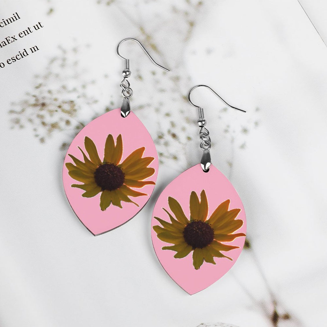 Wooden Oval Earrings Wild Sunflower Pink