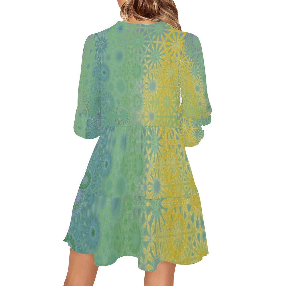 V Neck Flowy Dress Yellow Coneflowers Green
