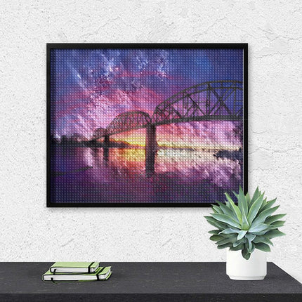 Design Diamond Painting 20"×16"(Horizontal) Sunset on the Train Bridge Missouri River