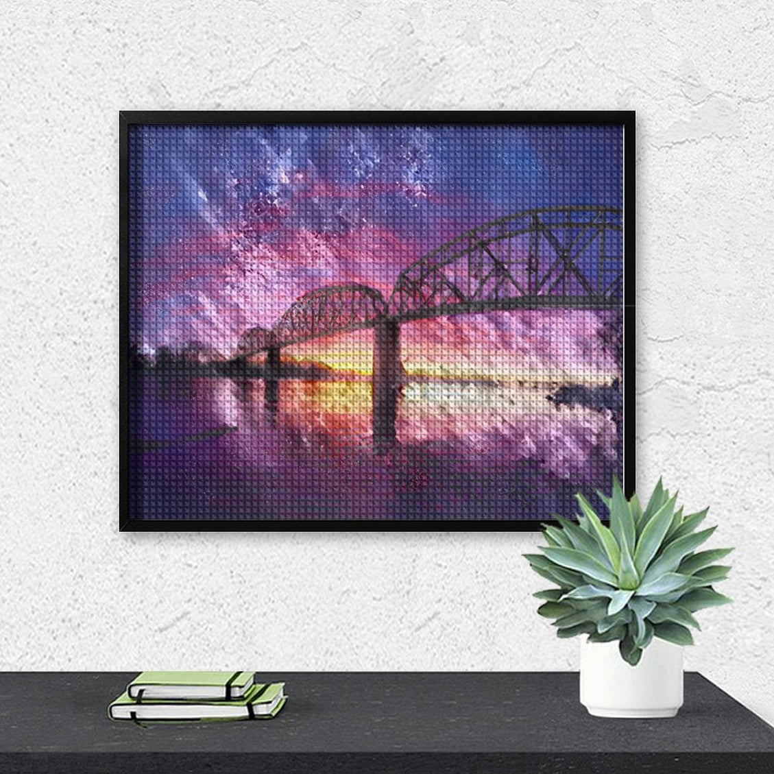 Design Diamond Painting 20"×16"(Horizontal) Sunset on the Train Bridge Missouri River