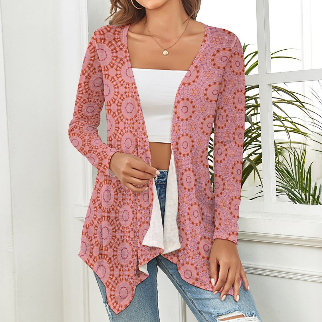 Knitted Cardigan Pink Coral Abstract