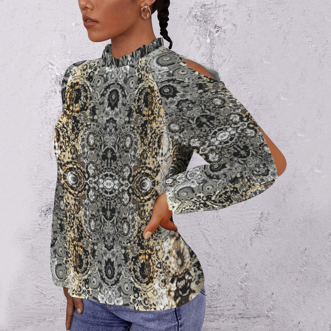 Long Slit Sleeve Blouse Shimmering Feathers